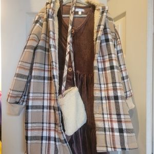 Long sleeve dress, fall coat and purse